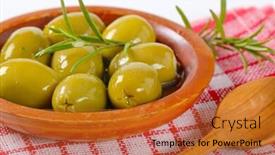  Presentation with bowl - PPT theme having bowl of green olives with rosemary and wooden spoon on checkered dishtowel - close up background and a red colored foreground