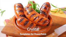  Presentation with cutting board - PPT layouts with bowl of grilled sausages with parsley and rosemary on wooden cutting board background and a crimson colored foreground