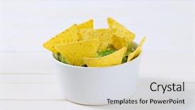  Presentation with tortilla - PPT theme featuring bowl of guacamole with corn tortilla chips on white background background and a light gray colored foreground