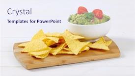  Presentation with tortilla - Slide set featuring bowl of guacamole with corn tortilla chips on wooden cutting board background and a sky blue colored foreground