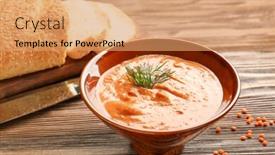 Presentation with lentils - Slide deck consisting of bowl of homemade lentils creme soup on wooden table background and a coral colored foreground