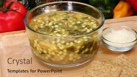  Presentation with restaurant kitchen - Presentation theme enhanced with bowl of hot italian wedding soup meatballs and spinach soup in kitchen or restaurant background and a yellow colored foreground