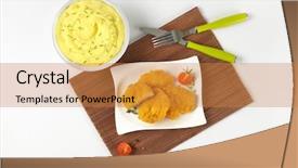  Presentation with breast - Audience pleasing slide deck consisting of bowl of mashed potato puree with chopped chives and plate of breaded turkey breast on brown place mat backdrop and a gold colored foreground