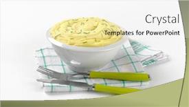 Presentation with cutlery - Colorful slide deck enhanced with bowl of mashed potato puree with chopped chives and cutlery on checkered dishtowel backdrop and a white colored foreground