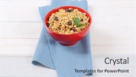  Presentation with granola - PPT layouts consisting of bowl of morning granola with hazelnuts raisins and cranberries on blue place mat background and a light blue colored foreground