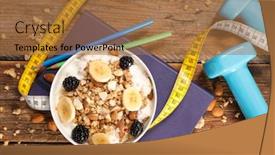  Presentation with muesli - Presentation theme consisting of bowl of muesli with fruit dumbbell and meter- fitness food concept background and a coral colored foreground