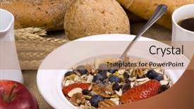  Presentation with fresh fruits and leafty greens - Presentation theme enhanced with bowl of muslin cereal with fresh fruits and bread background and a coral colored foreground