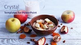  Presentation with yogurt - Presentation featuring bowl-of-oatmeal-walnuts-dried background and a sky blue colored foreground