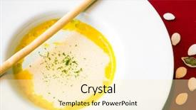  Presentation with coconut - PPT theme consisting of bowl of pumpkin soup swirled with coconut cream and bread stick background and a blonde colored foreground