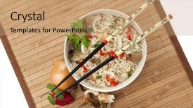  Presentation with ramen - Cool new presentation design with bowl of ramen noodles with onions shitake mushrooms and chili pepper from above backdrop and a coral colored foreground