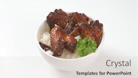  Presentation with roasted chicken - PPT theme consisting of bowl of roasted chicken wings with rice on white background background and a light gray colored foreground