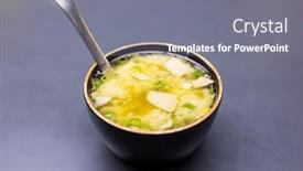  Presentation with salmon fish - PPT theme having bowl-of-salmon-fish-soup background and a gray colored foreground