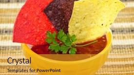  Presentation with tortilla - Audience pleasing presentation design consisting of bowl of salsa with colorful tortilla chips backdrop and a gold colored foreground