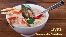  Presentation with wooden boat at sea edge - Presentation enhanced with bowl of sea food soup background and a  colored foreground
