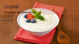  Presentation with pudding - Colorful slide set enhanced with bowl of semolina pudding with fresh fruit on red napkin backdrop and a red colored foreground