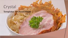  Presentation with potato - PPT layouts having bowl of smoke pork neck with potato pancakes and sauerkraut - close up background and a coral colored foreground