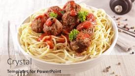  Presentation with meatball - Amazing slide deck having bowl-of-spaghetti-with-meatball backdrop and a coral colored foreground