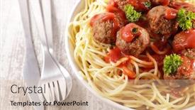  Presentation with spaghetti - Amazing slide set having bowl-of-spaghetti-with-meatballs backdrop and a soft green colored foreground