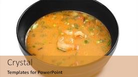  Presentation with shrimps - PPT theme having tasty asian soup with shrimp background and a gold colored foreground
