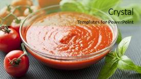  Presentation with classic homemade tomato sauce - Slide deck featuring bowl of tomato pulp pure background and a yellow colored foreground