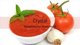  Presentation with garlic - Audience pleasing presentation theme consisting of bowl of tomato soup with two tomatoes and garlic isolated on white backdrop and a red colored foreground