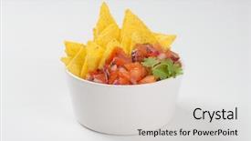  Presentation with tortilla - Amazing PPT theme having bowl of tortilla chips and tomato salad on white background backdrop and a light gray colored foreground
