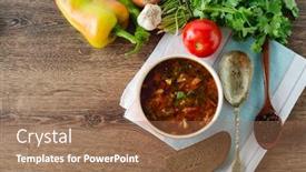  Presentation with traditional vietnamese soup pho - Colorful theme enhanced with bowl of traditional soup borscht on table backdrop and a coral colored foreground