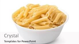  Presentation with penne pasta - Audience pleasing theme consisting of carbohydrates - bowl of uncooked penne lisce backdrop and a white colored foreground