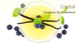  Presentation with pudding - Slide deck consisting of bowl of vanilla pudding with vanilla beans and blueberries viewed from above on white background and a cream colored foreground