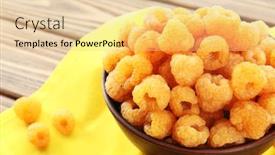  Presentation with table napkin - Audience pleasing PPT theme consisting of bowl of yellow raspberries on wooden table with yellow napkin closeup backdrop and a lemonade colored foreground