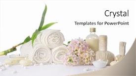  Presentation with spa stones leaves - Colorful presentation enhanced with bowl white stones and orchid backdrop and a white colored foreground