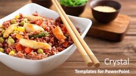  Presentation with brown rice - Slides featuring bowl with brown rice vegetables and chopsticks on wooden table background and a coral colored foreground