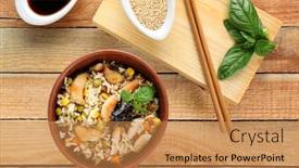  Presentation with brown rice - Slide deck enhanced with bowl with brown rice and vegetables on wooden table background and a gold colored foreground