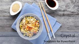 Presentation with brown rice - Presentation theme enhanced with bowl with brown rice and vegetables on wooden table background and a light blue colored foreground