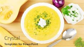  Presentation with spoon - Amazing PPT theme having bowl with butternut squash soup a spoon butternut squashes and a bowl of sour cream on wood backdrop and a yellow colored foreground