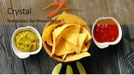  Presentation with sauces - Audience pleasing presentation consisting of bowl with corn nacho chips backdrop and a gold colored foreground