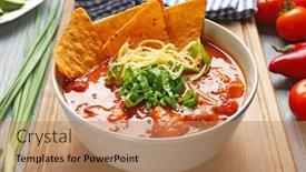  Presentation with nachos - PPT theme with bowl with delicious chili turkey and nachos on wooden board closeup background and a coral colored foreground