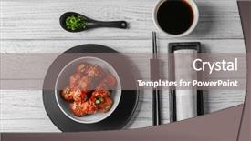  Presentation with meatball - Audience pleasing PPT theme consisting of bowl with delicious meatballs chopsticks backdrop and a gray colored foreground