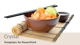  Presentation with shrimp - Colorful presentation design enhanced with bowl with delicious shrimp fried rice on white background backdrop and a coral colored foreground