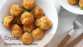  Presentation with meatball - Audience pleasing theme consisting of bowl with delicious turkey meatballs backdrop and a gold colored foreground