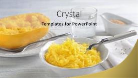  Presentation with spaghetti - PPT theme enhanced with bowl with flesh of spaghetti squash on wooden background background and a light gray colored foreground