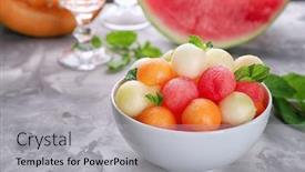  Presentation with fruit - Audience pleasing PPT layouts consisting of bowl with fresh fruit balls on table backdrop and a light gray colored foreground