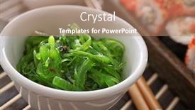  Presentation with green algae - Cool new PPT layouts with bowl with green chuka algae backdrop and a coral colored foreground