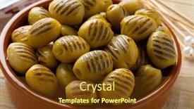  Presentation with snack - PPT layouts enhanced with bowl-with-grilled-green-olives background and a tawny brown colored foreground