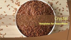  Presentation with cargo - Theme having bowl with raw red cargo rice on wooden background background and a tawny brown colored foreground