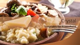  Presentation with mushrooms - Audience pleasing slides consisting of bowl with risotto and mushrooms on wooden table closeup backdrop and a coral colored foreground