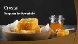  Presentation with honey - Colorful presentation theme enhanced with bowl with sweet honeycombs and jar with honey on table against black background backdrop and a dark gray colored foreground