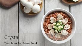  Presentation with brown rice - PPT layouts with bowl with tasty brown rice zucchini and mushrooms on wooden table background and a light gray colored foreground