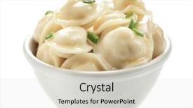  Presentation with asian dumplings in broth bowl - Theme enhanced with bowl with tasty dumplings background and a light gray colored foreground