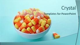  Presentation with halloween candy assorti - PPT theme enhanced with bowl with tasty halloween candies background and a cool aqua colored foreground